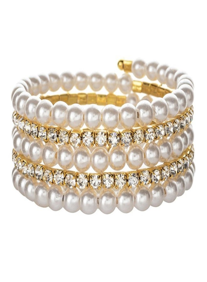 Kicomvi Imitition Pearl Stretch Bracelet Multilayer Crystals Pearl Elastic Bangle for Women Wedding Jewelry 1920s Costume-A gold - Image 1